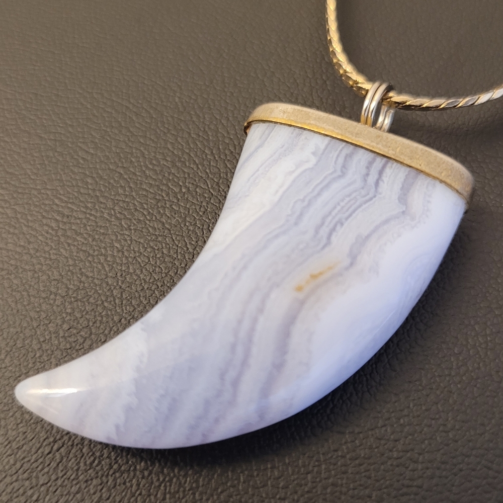 Blue Lace Agate Claw / Fang Shaped Pendant On Gold-tone Necklace